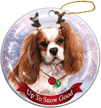 Holiday Blenheim Cavalier King Charles Reindeer Dog Porcelain Christmas Ornament
