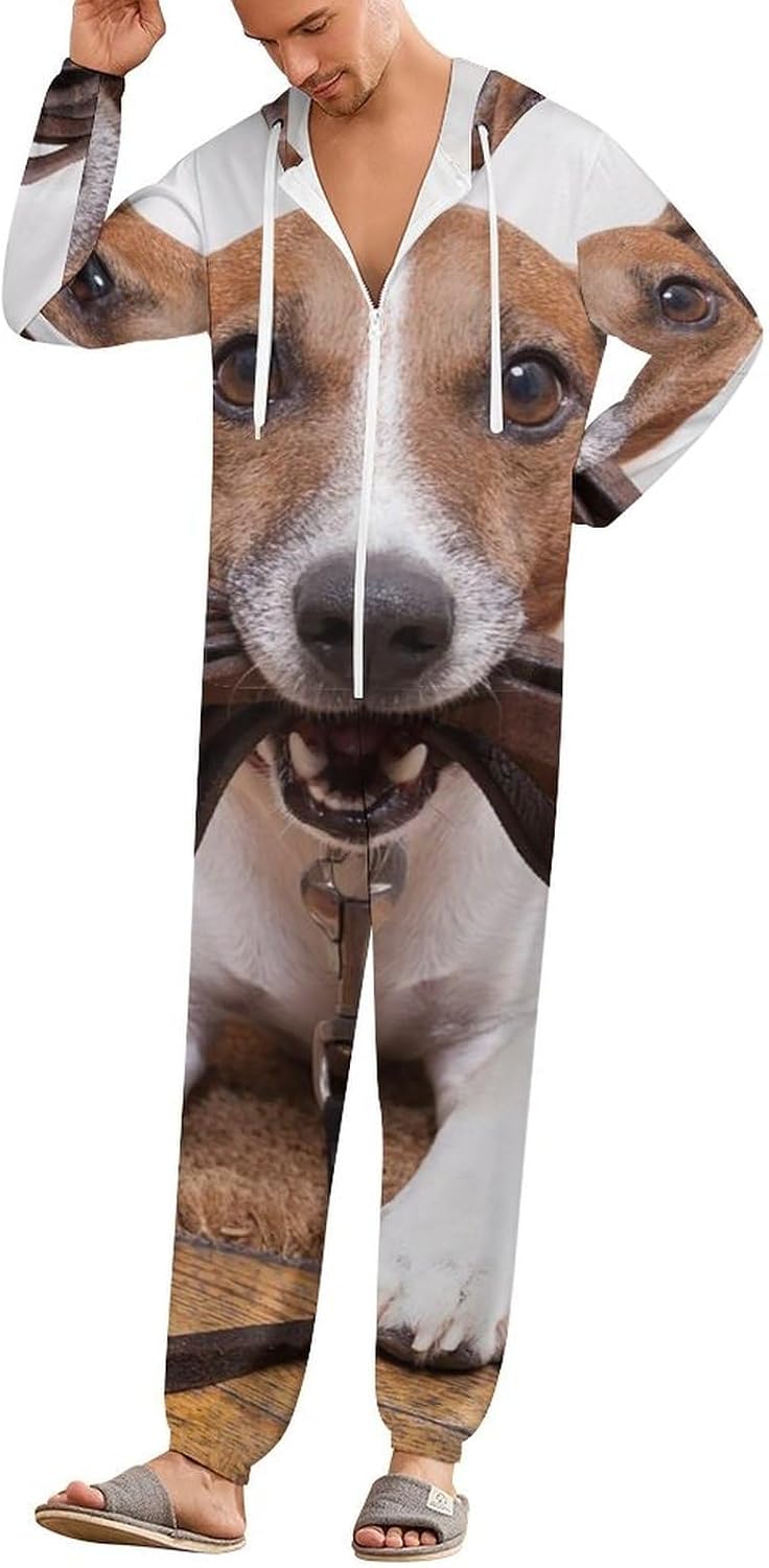 Cute Jack Russell Terrier Dogs Adult Pajamas Onesie with Hood Pocket Jumpsuits One Piece Sleepwear