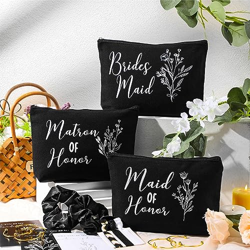 48 Pcs 8 Sets Bridesmaid Proposal Gifts Bulk Wedding Will You Be My Maid of Honor Matron of Honor Bridal Shower Makeup Bags Scrunchies Bracelets Cards for Wedding Bridesmaids(Black)4
