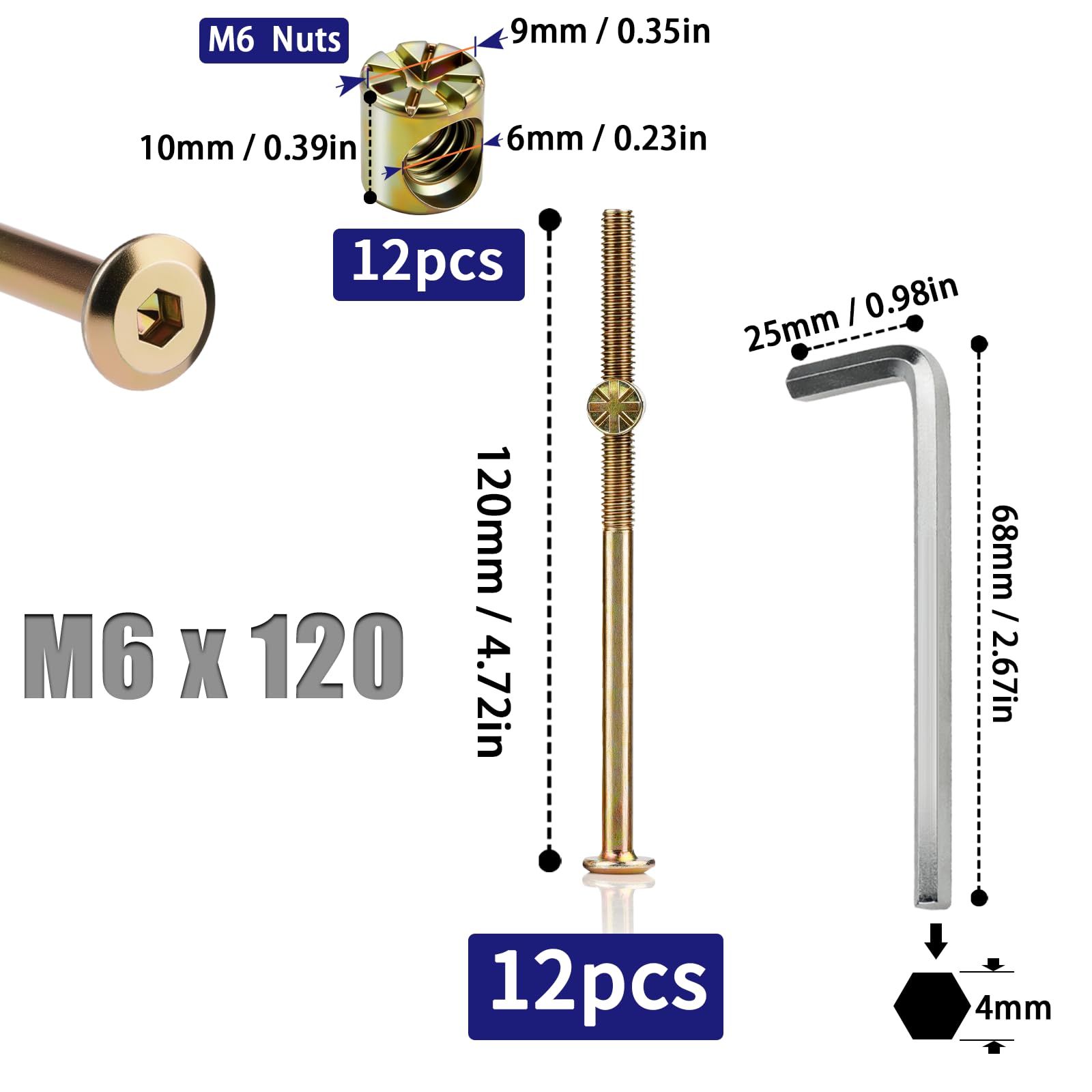 SWTYExt 12pcs Furniture Screws M6x120 mm Include Bed Bolts 120 mm Barrel Nuts M6 with Hex Key Furniture Bolts Zinc Plated Screws Hex Socket Head for Beds Cots Chairs - Image 2