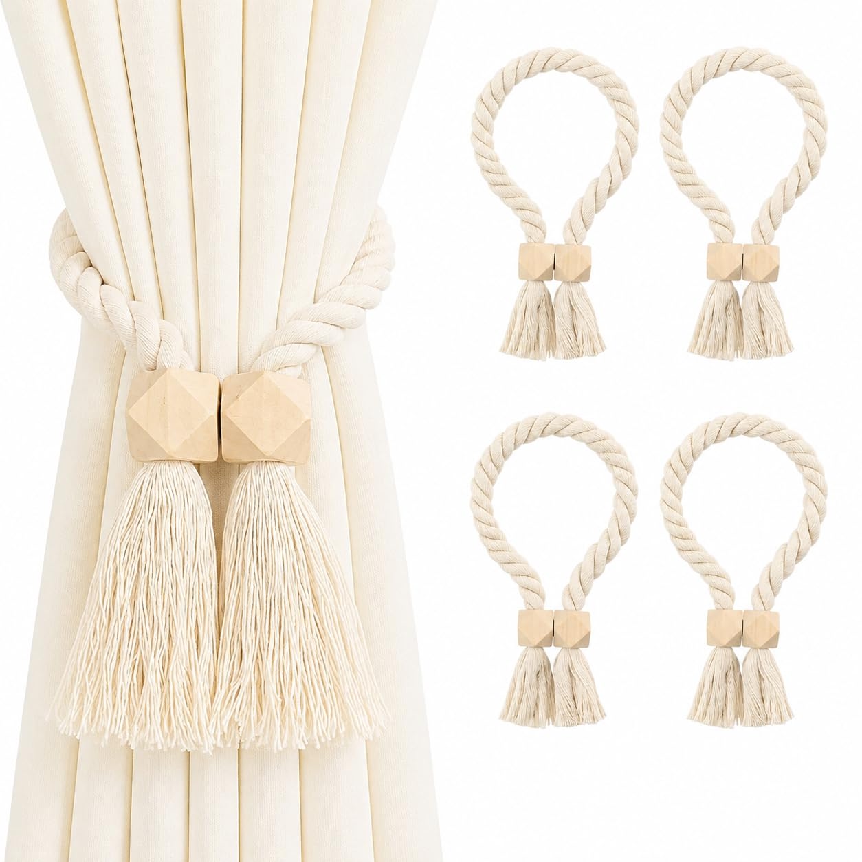 4-Pack Magnetic Curtain Tie Backs, Beige Braided Rope Tassel Holdbacks