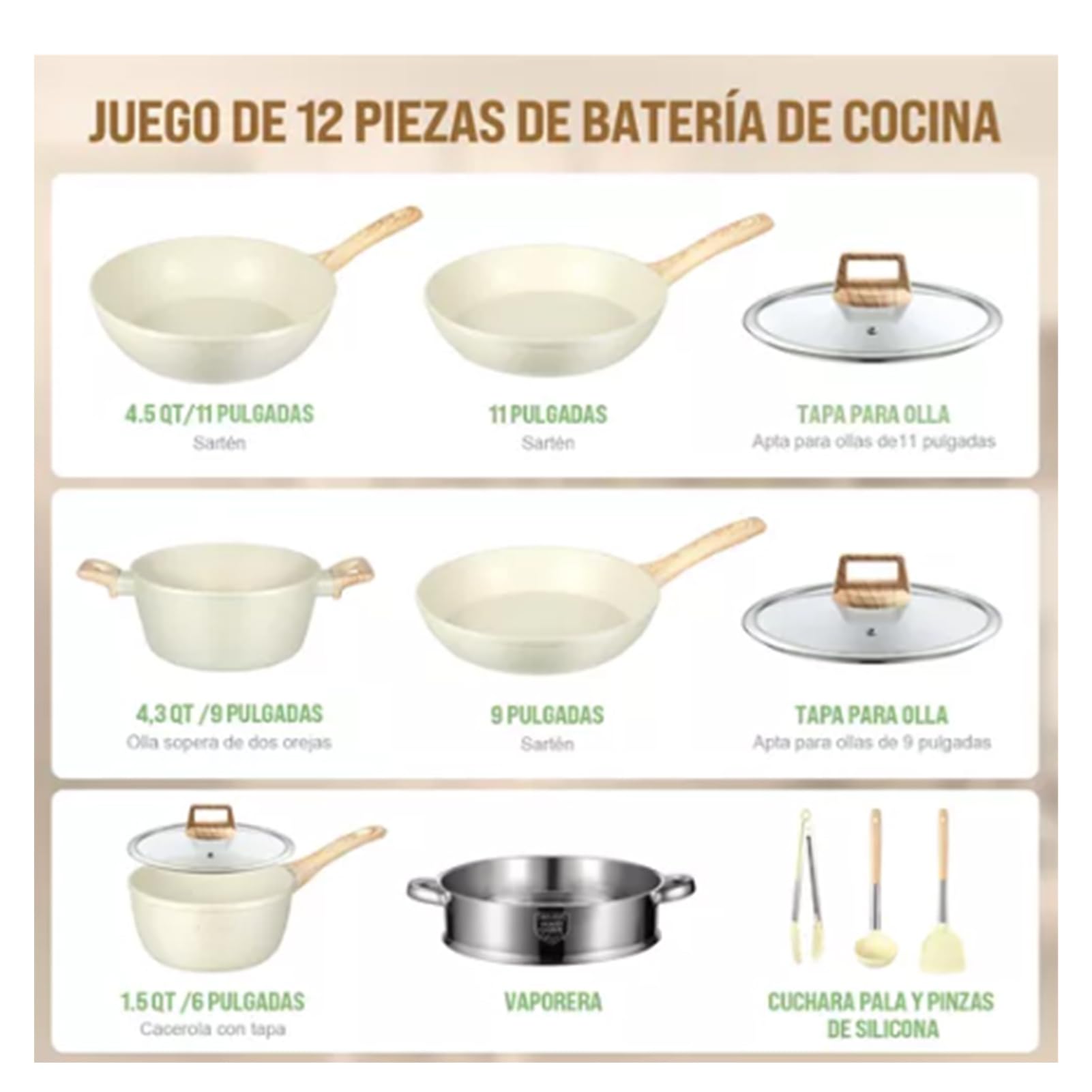 Juego de ollas y sartenes antiadherentes, utensilios de cocina con sartén, cacerola, sartén, tapa, cucharón, cuchara, pinzas, blanco, fácil de limpiar, calentamiento uniforme, diseño que