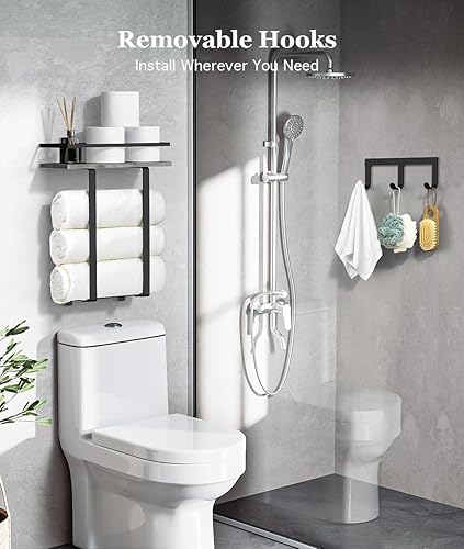 Miniatura 7 de Luxspire Toalleros de pared para baño, toallero montado en la pared con estante flotante de madera y 3 ganchos de metal, toalla de baño enrollada y