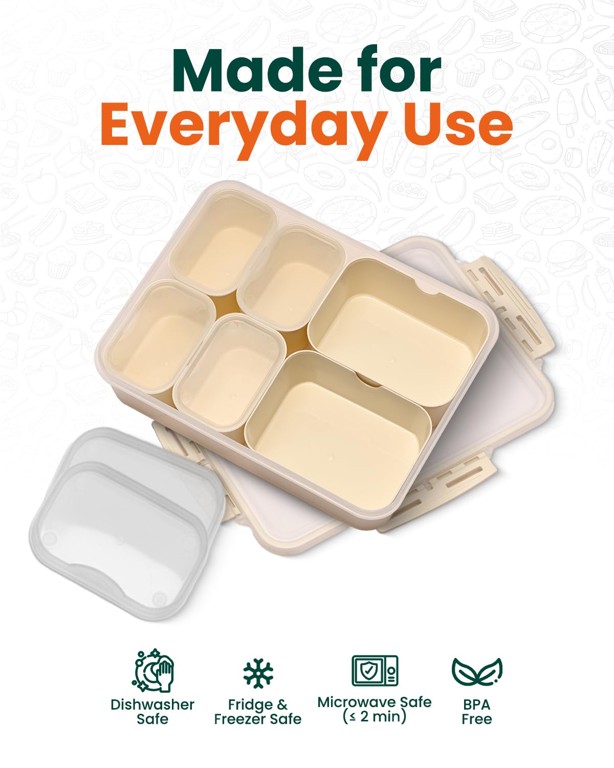 Snack box Creamy White, przenośna snackle box z torbą termoizolacyjną i wielorazowym wkładem chłodzącym, 6 wyjmowanych przegródek (2 duże + 4 małe) z osobnymi pokrywkami