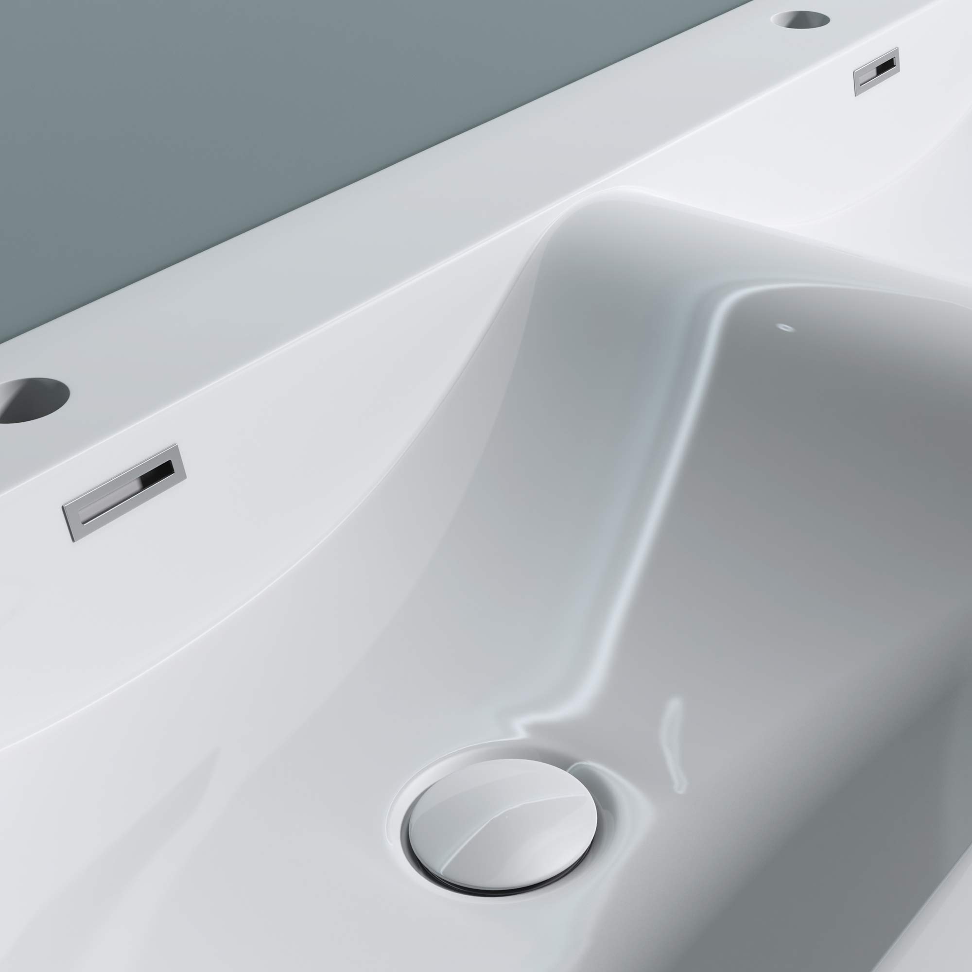 doporro Lavabo da Incasso 120 cm Doppia Vasca in Marmoresina Bianco Lucido, Lavabo Bagno Integrale Soprapiano con 2 Fori Rubinetto e Troppopieno Colossum03