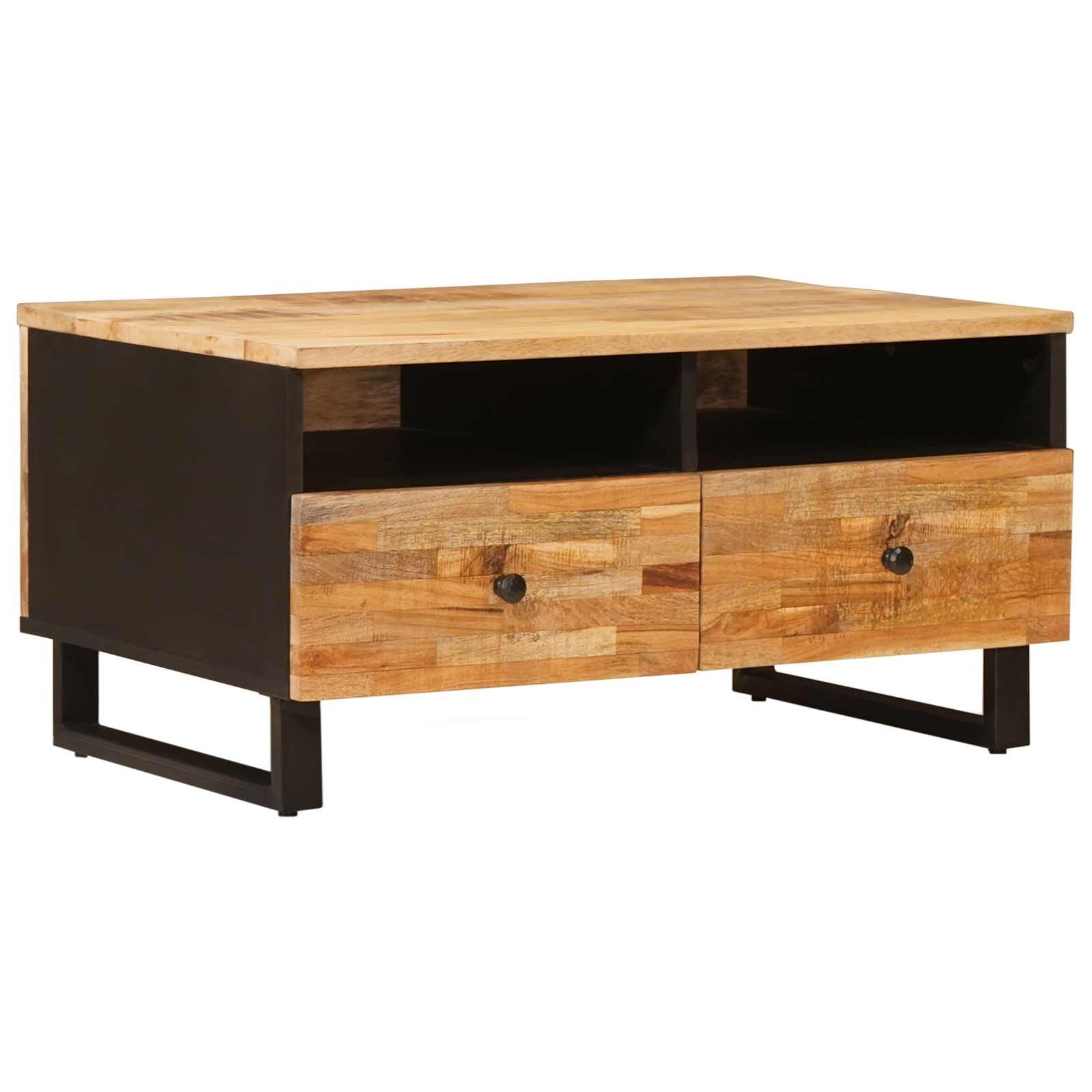 Table basse en bois de manguier massif 80x54cm avec 2 tiroirs style rustique et contemporain