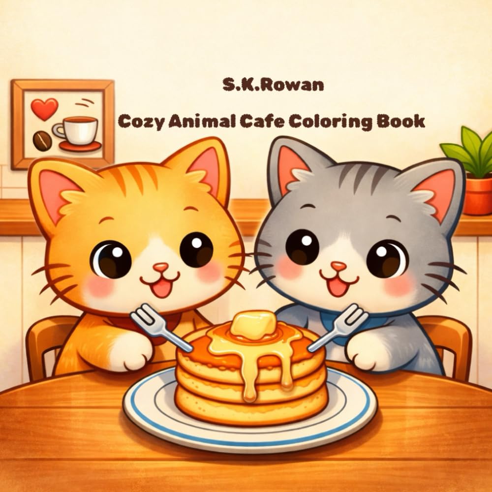 Cozy Animal Cafe Coloring Book: Bold and easy cute animals in cozy coffee shop scene for relaxation and stress Relief