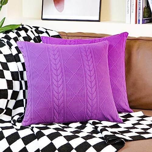 Uhomy Set of 2 Purple Decorative knit Throw Pillow Cover Soft knit Pillow Case, Modern Boho Pillow Covers Accent Embossed Patterned Sofa Cushion Cover for Couch Bed, Stretchy Pillow Cover,20 x 20 inch