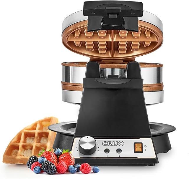 CRUX Double Rotating Belgian Waffle Maker with Nonstick Plates, Stainless Steel Housing & Browning Control