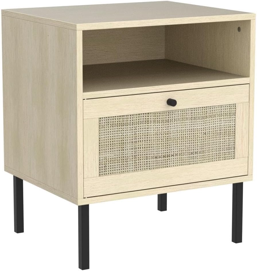 Angel Sar Natural Rattan Nightstand Set of 2, End Table,Boho Bedside Table with 1 Hand Made Decorated Door for Living Room, Bedroom
