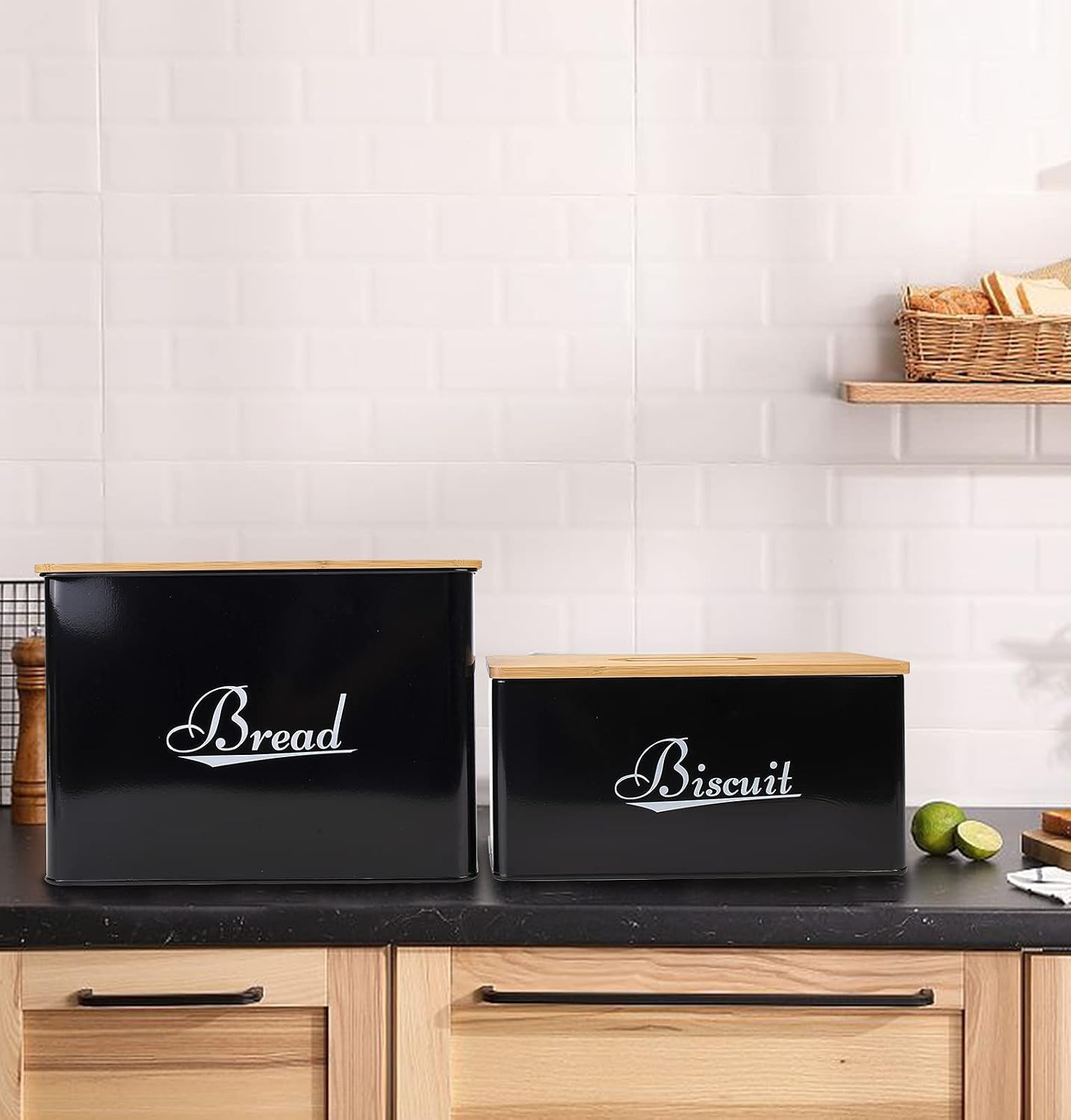 Xbopetda Bread Box & Biscuit Tin Set, Metal Storage Container with Bamboo Lid, Kitchen Counter Canister - Ideal for Storage Cookies, Crackers, Biscottiera, Bread, Croissant & Snack - Black