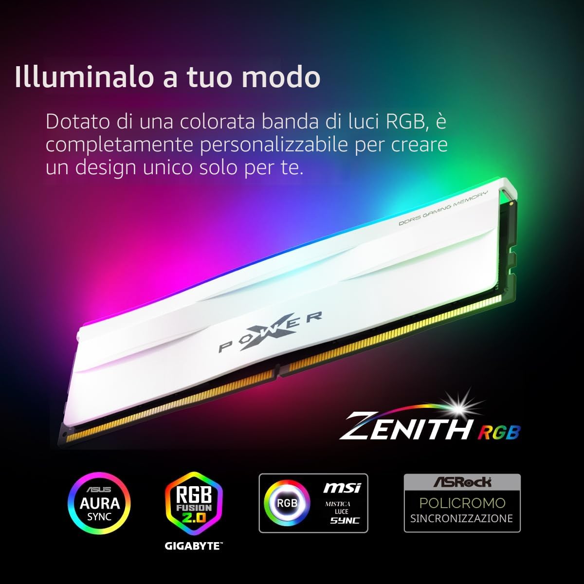 Silicon Power DDR5 32GB (2x16GB) Zenith RGB 6000MT/s (PC5-48000) 288-pin CL36 1.35V UDIMM Modulo di memoria RAM per desktop SP032GXLWU60FFDF Nero