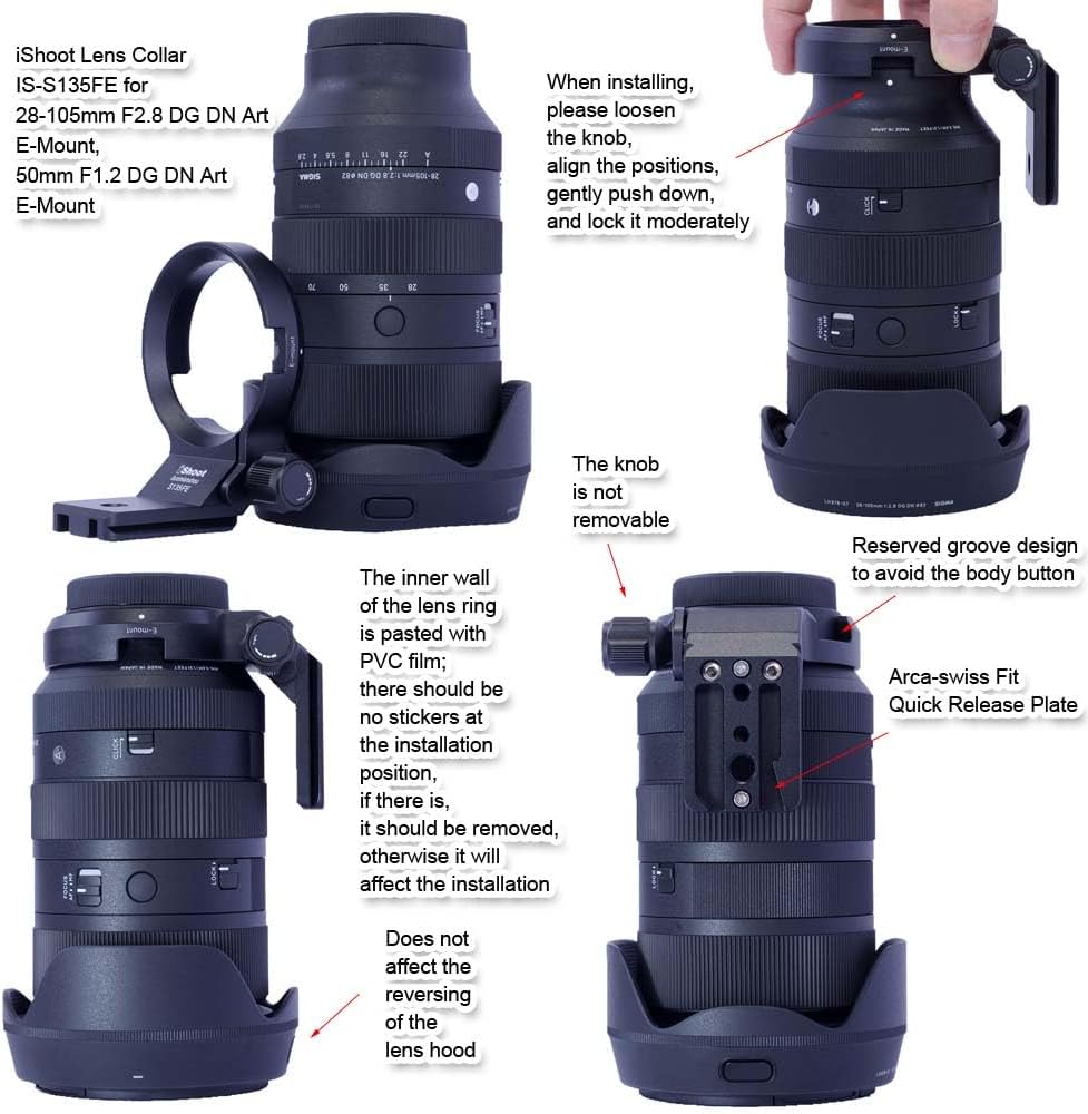 Lens Collar Tripod Mount Ring Compatible with Sigma 28-105mm F2.8 DG DN Art, 50mm F1.2 DG DN Art, 50mm F1.4 DG HSM Art, 28mm F1.4 DG HSM Art (E-Mount), Bottom is Arca-Swiss Fit Quick Release Plate