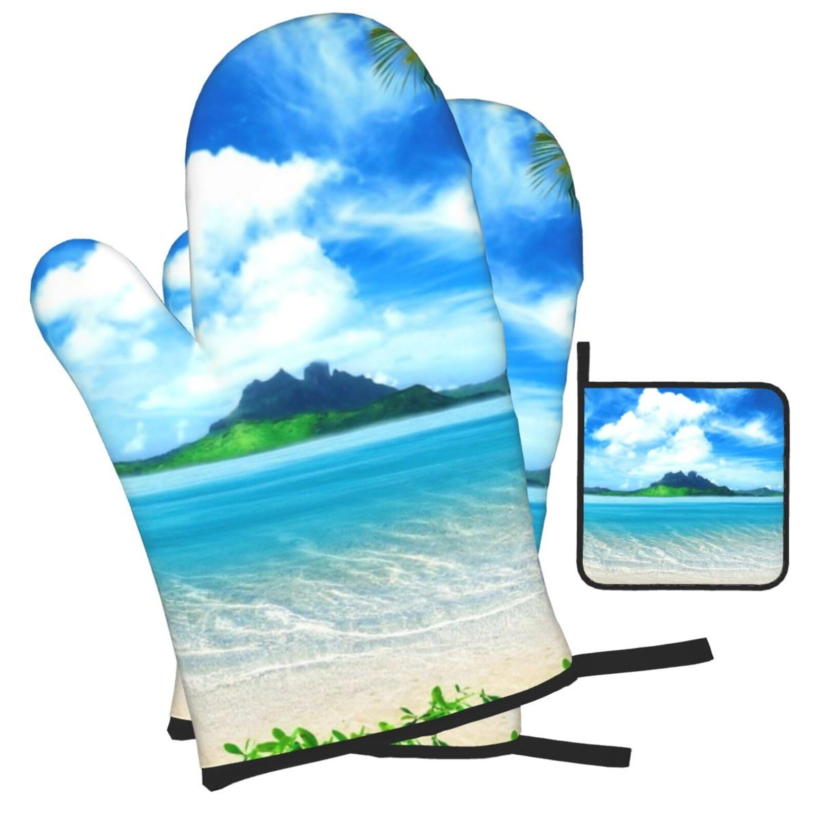 Tropical Palm Tree Hawaii Beach Printed Oven Mitts and Pot Holders Heat Resistant Set of 3 Pcs, Modern Kitchen Gloves & Potholders for Cooking Baking Grilling