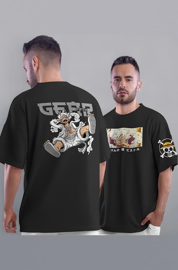 Unisex Cotton One Piece Luffy Gear 5 Anime Oversized T-Shirt -Black, Large