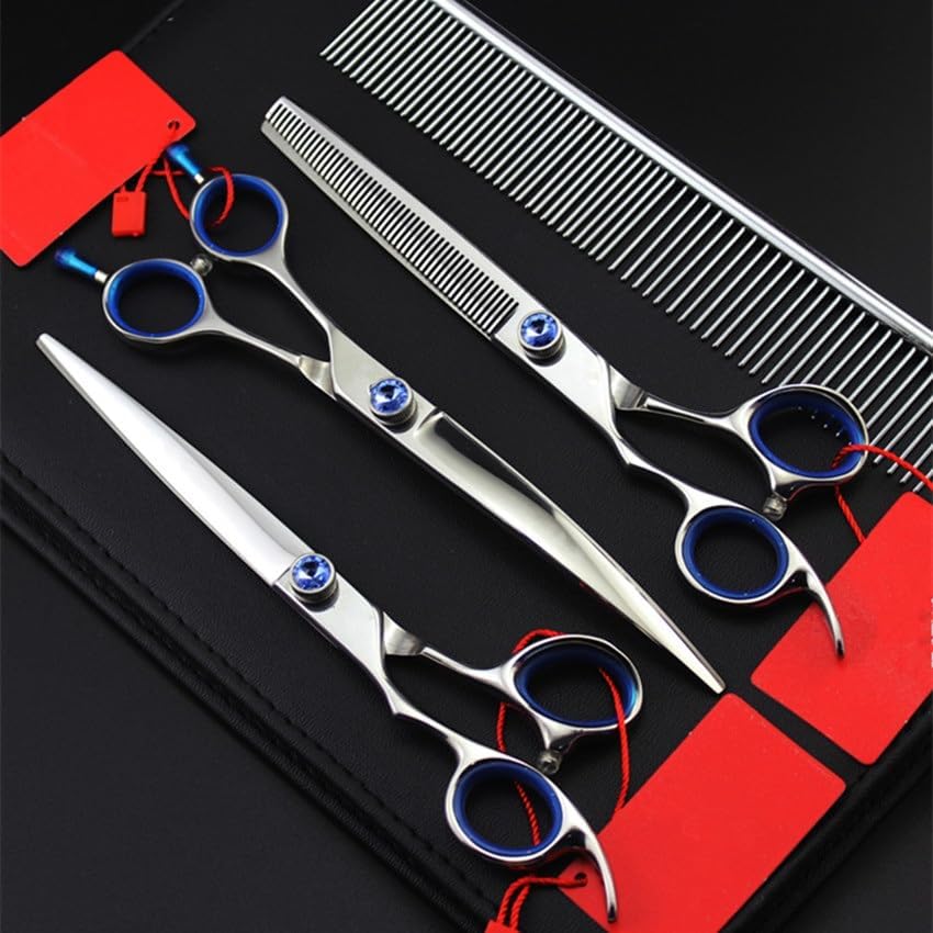 MAYIT Dog Grooming Scissors Shears, 4PCS Professional 440c Left Hand 7 Inch Pet Dog Grooming Hair Scissors Pet Cutting Barber Thinning Shears Scissors Set, MAYiT12585