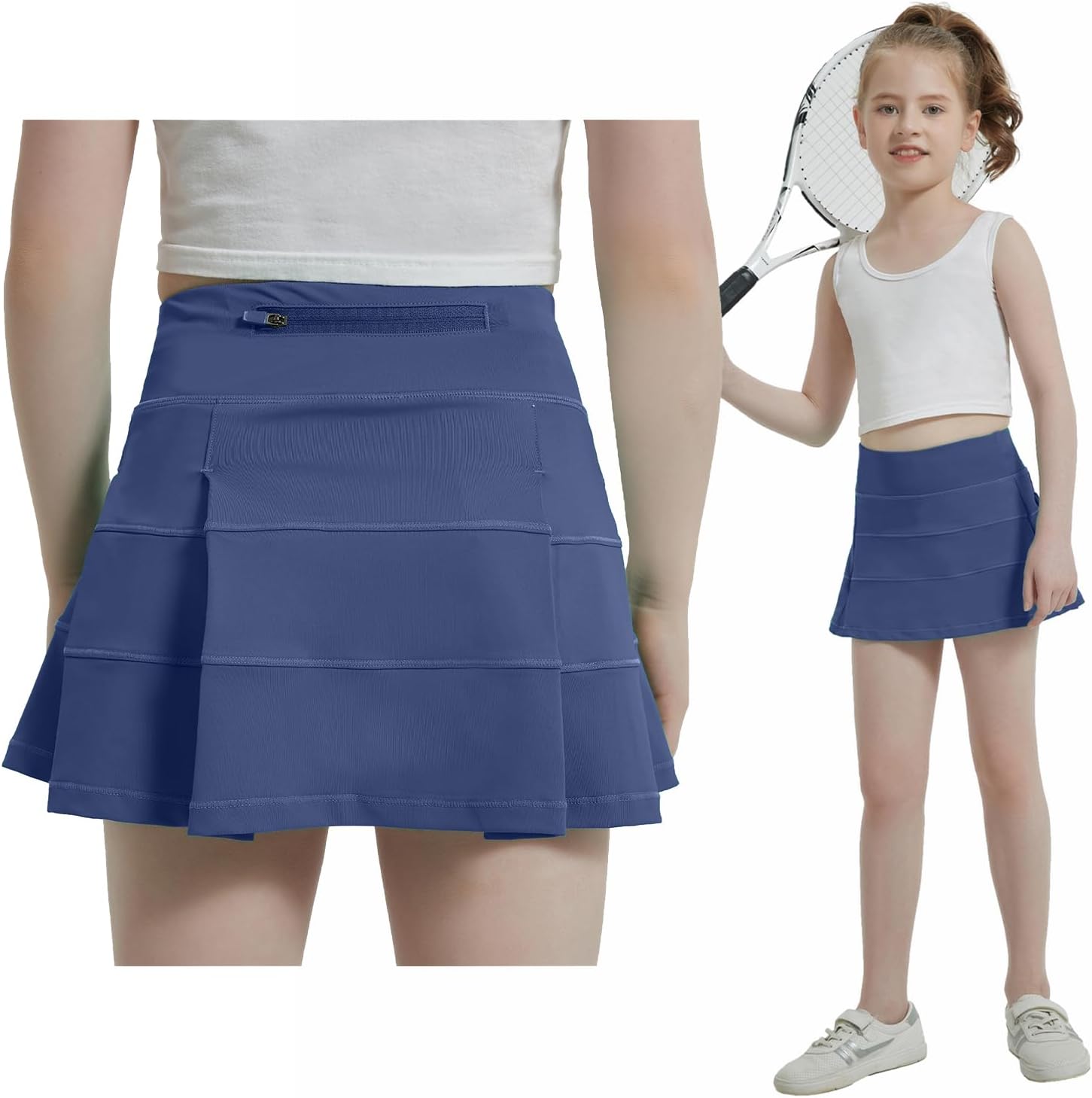 Husnainna Girls Tennis Skirt High Waisted Pleated Kids Skort Built-in Shorts School Athletic Golf with 3 Pockets