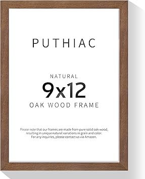 puthiac 9x12 Oak Wood Picture Frams - Minimalist 9x12 Oak Wood Frames, 9"x12" Picture Frame Wood, Natural Solid Wooden Picture Frames for Wall Art Photo and Prints(1 Pack, Walnut)