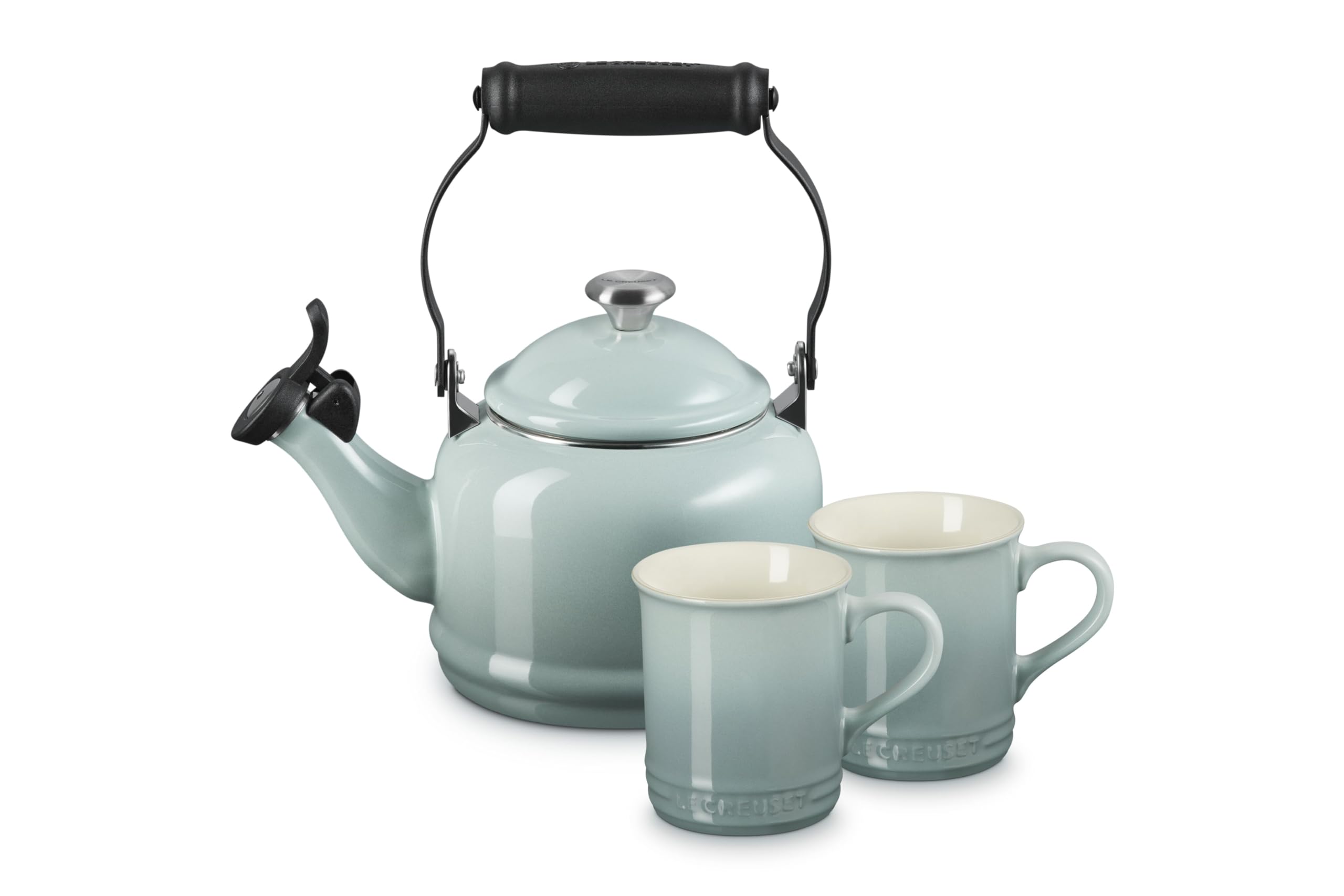 Le Creuset Set of 2 Half Kettle Mugs 1.25 Litre Enamelled Steel with Metallic and Stoneware Finishes, Kettle and 2 x 14 oz Mug, Sea Salt