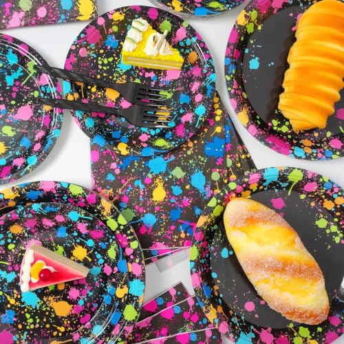 Image of gisgfim 48 Pcs Neon Plates Glow Birthday Party Supplies Disposable Paper Dessert Plates Tableware Glow in Dark Theme Party Decorations Favors for Colorful Graffiti Birthday Baby Shower