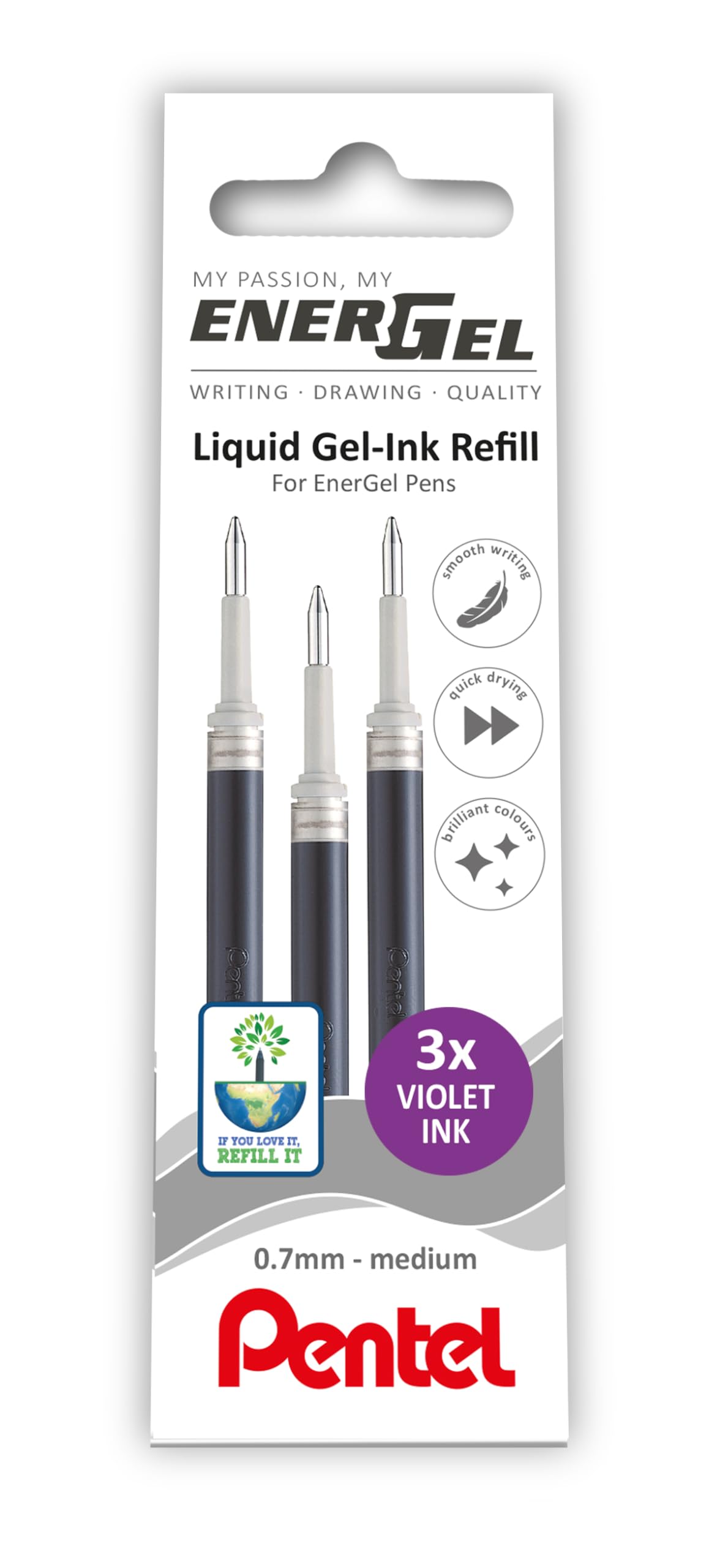 Pentel EnerGel 0.7mm Refill Wallet of 3 - Violet