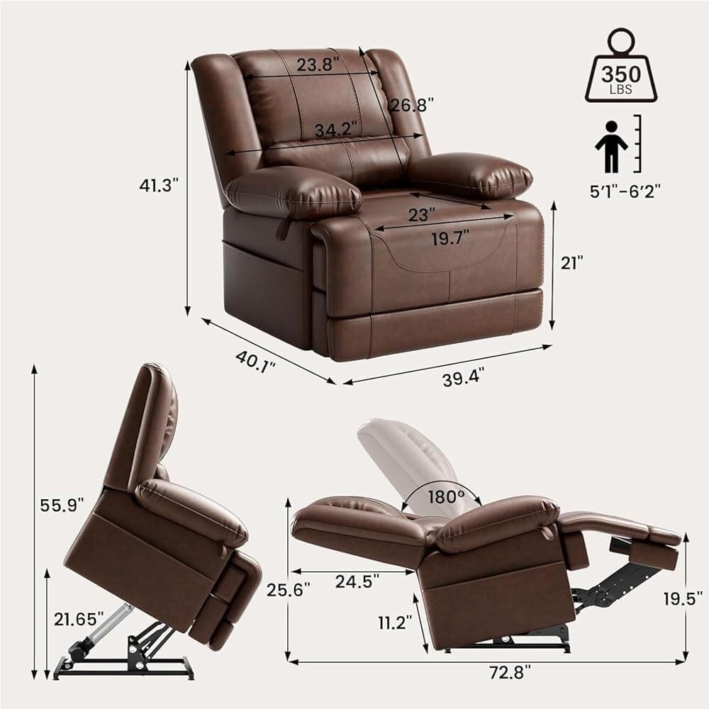 Power Lift Recliner Chair with Heat Massage Function Cup Holders Heavy Duty Electric Reclining Sofa Leather Upholstery Single Sofa for Elderly Seniors Home Use