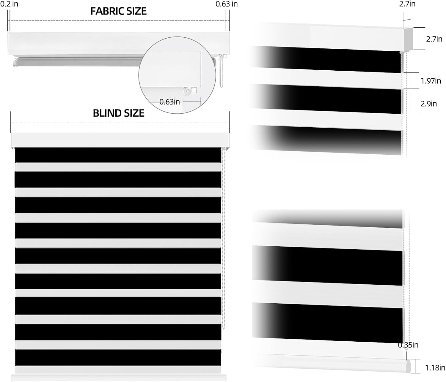 Zebra Blinds for Windows (52" W x 72" H, Black) Zebra Roller Window Shades, Corded Dual Layer Light Filtering Privacy for Day and Night, Light Control and Protecting Privacy for Home and Office