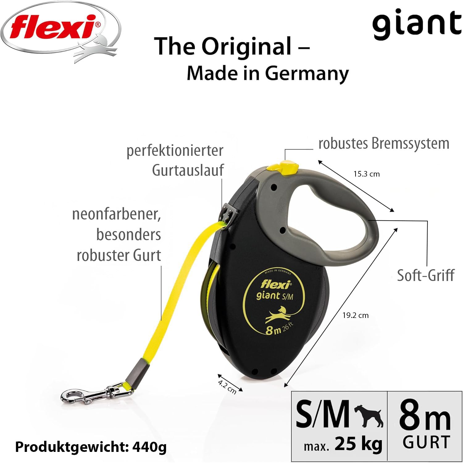 flexi® Giant S/M | 8m Gurt Roll-Leine für Hunde bis 25 kg | schwarz/neon-gelb | ausziehbare Hundeleine | Gewicht 438.4 gr | Maße 15.3 x 19.2 cm