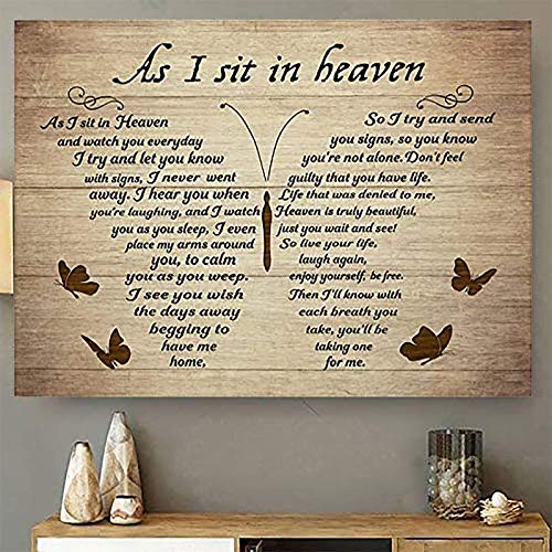 Butterflies Vintage Canvas Wall Art Canvas As I Sit in Heaven and Watch You Everyday Poem Painting on Canvas Wooden Background Rustic Inspirational Quotes Wall Art Paintings Quotes Poem Retro Room Decoration For Living Room Kitchen No Frame (18  x 12 )