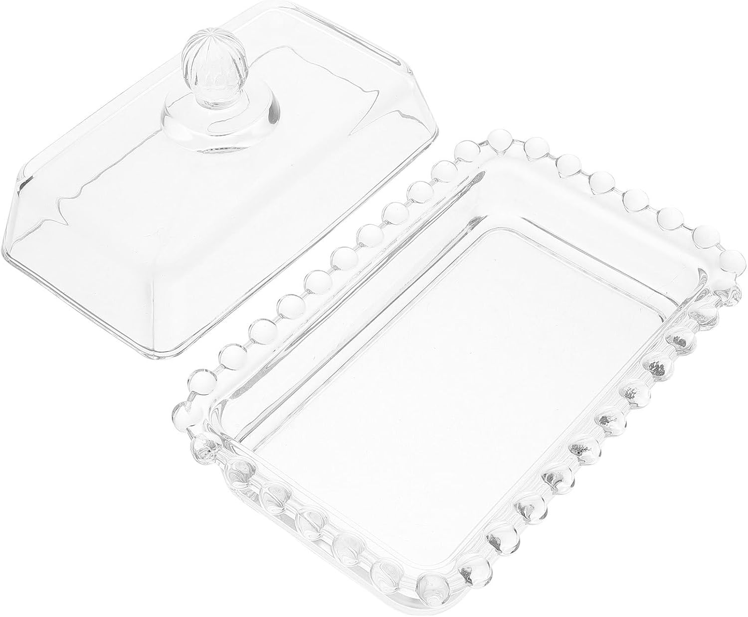 TOYANDONA Glass Butter Dish with Dome Lid, Glass Butter Tray with Pearl Edge, Dustproof Food Container for Kitchen and Dining Table Storage