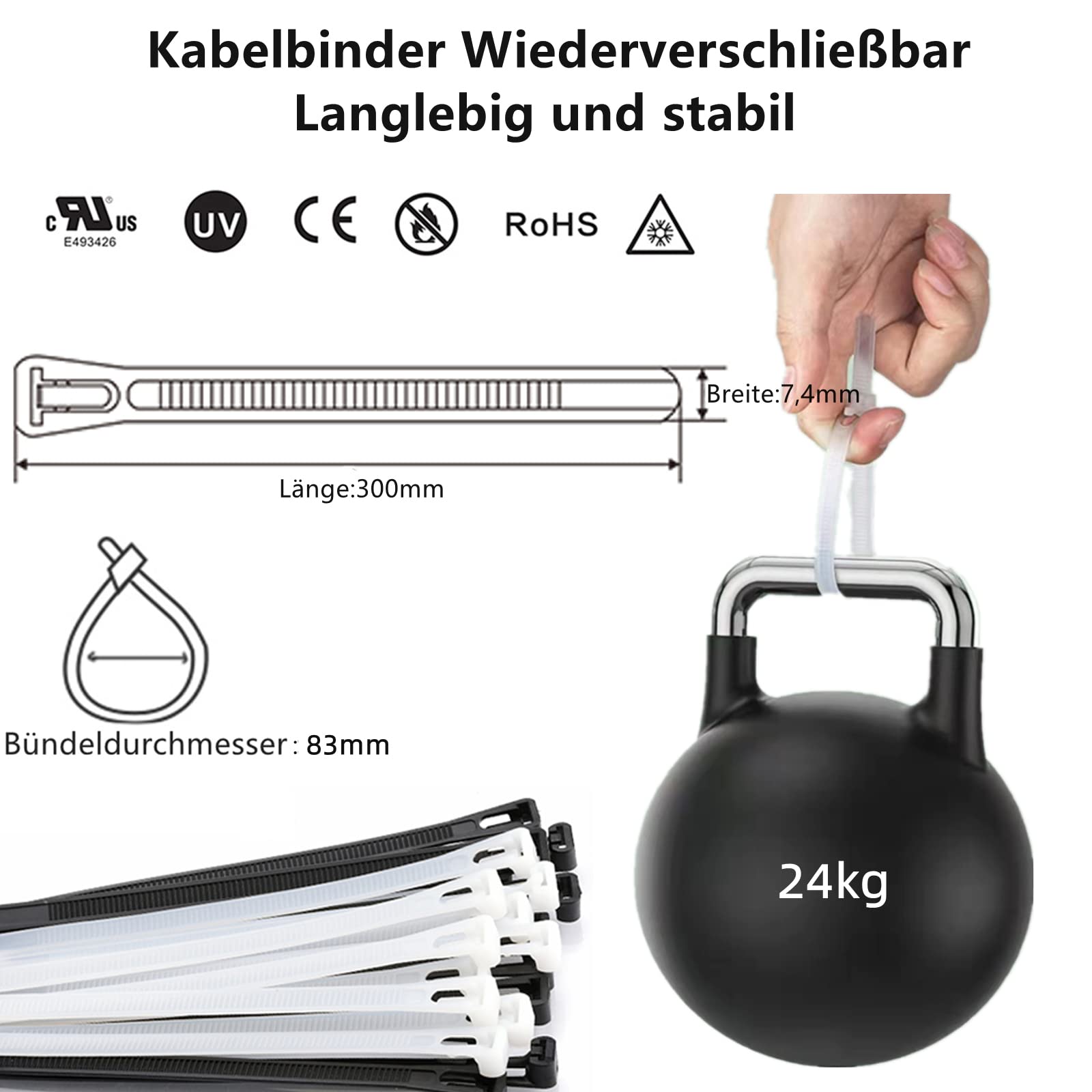 Wiederverwendbare Kabelbinder 4,8x200mm - 100 Stück UV-beständig Für Garten, Büro & Heimwerken