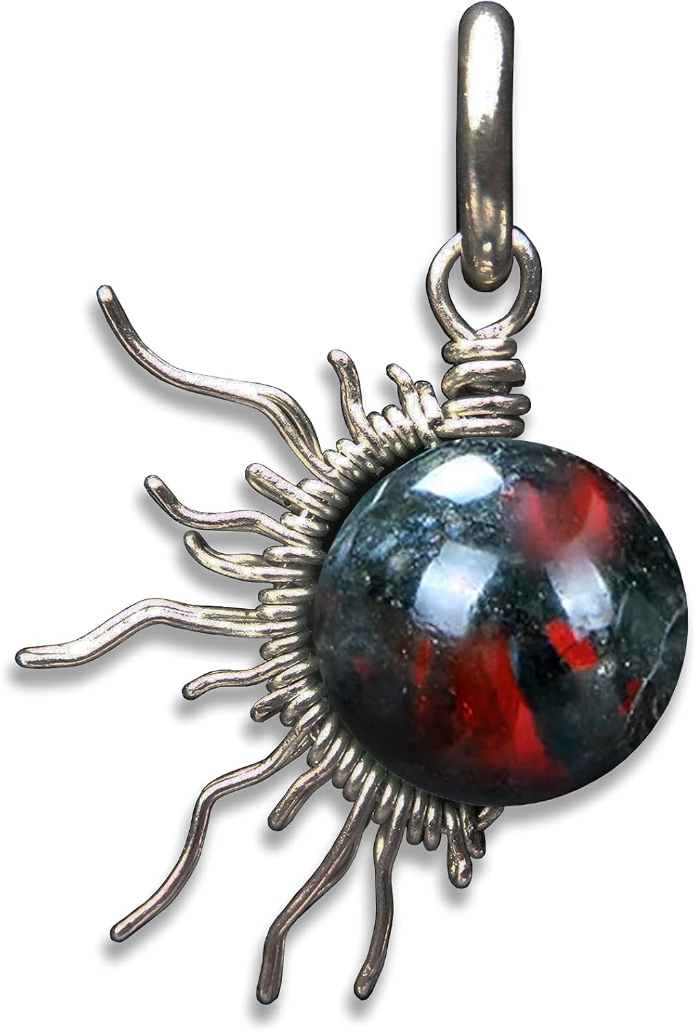 African BloodStone 1/2 Sun Wire Pendant- Black Niobium/Silver/Steel/Copper/Bronze/14K Gold, or 14K Rose Gold- Pendant or Bracelet Charm - Gemstone Jewelry - Sun Moon Necklace