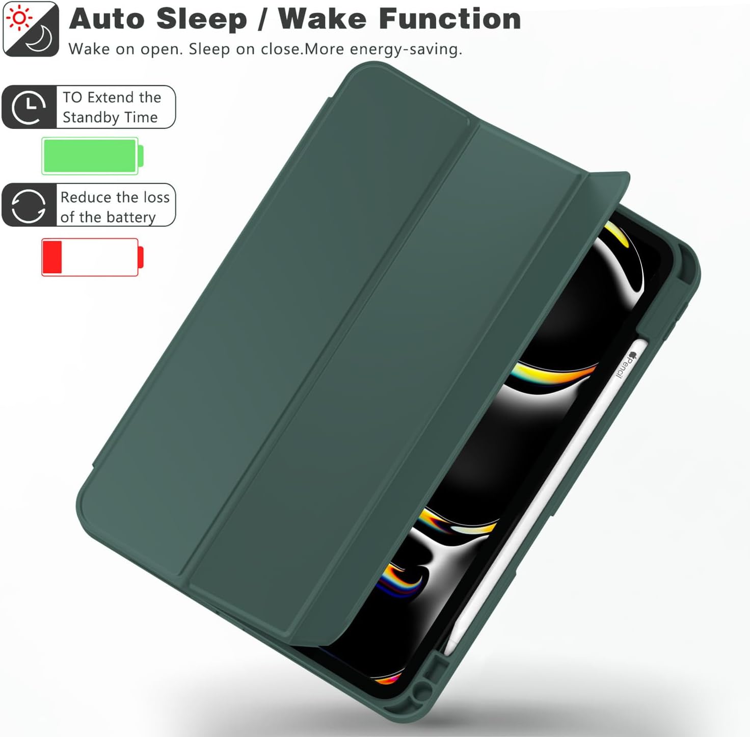 ZryXal New iPad Pro 13 Inch Case (M5) 2025 / (M4) 2024 with Pencil Holder, Smart iPad Case [Support Pencil Pro and Pencil (USB-C)], Support Touch ID and Auto Wake/Sleep (Midnight Green) - Image 4