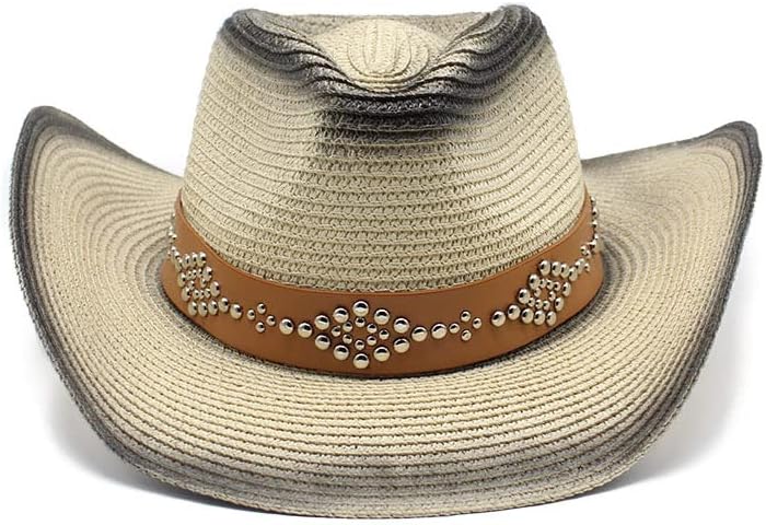 Western Cowboy Hat, Straw Woven, Brown Leather Band with Studded Design, Beige