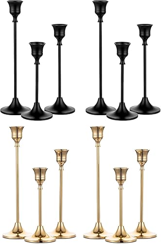 NUPTIO Portavelas para centro de mesa juego de 6 portavelas negros y 6 portavelas cónicos dorados para el hogar, mesa de comedor, chimenea, sala de