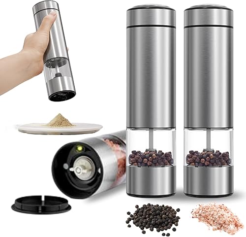 Juego de molinillo eléctrico de sal y pimienta, molinillo de pimienta automático de acero inoxidable con grosor de molienda ajustable, salero y
