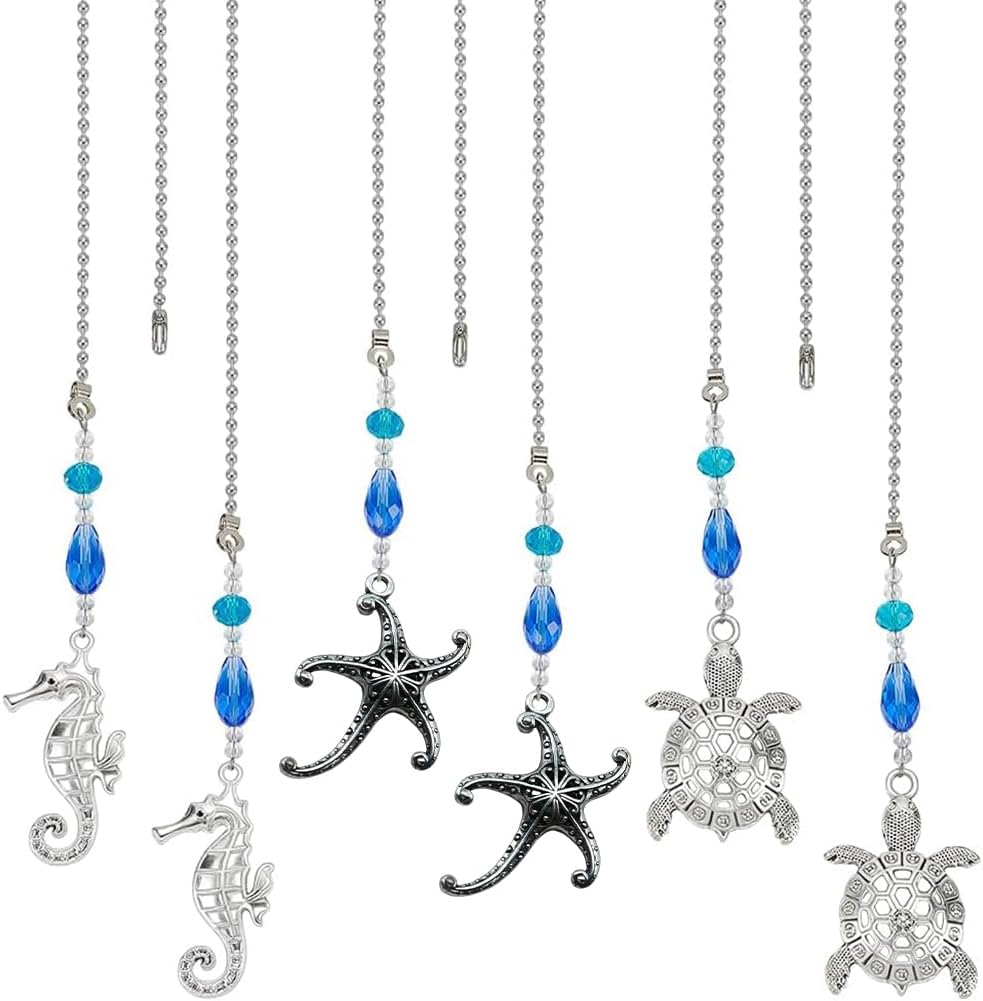 BENECREAT 6Pcs 3 Styles Ocean Theme Alloy Ceiling Fan Pull Chain, Mermaid, Turtle, Seahorse Pattern Fan Pull Extenders with Iron Ball Chain for Ceiling Light Lamp Decoration