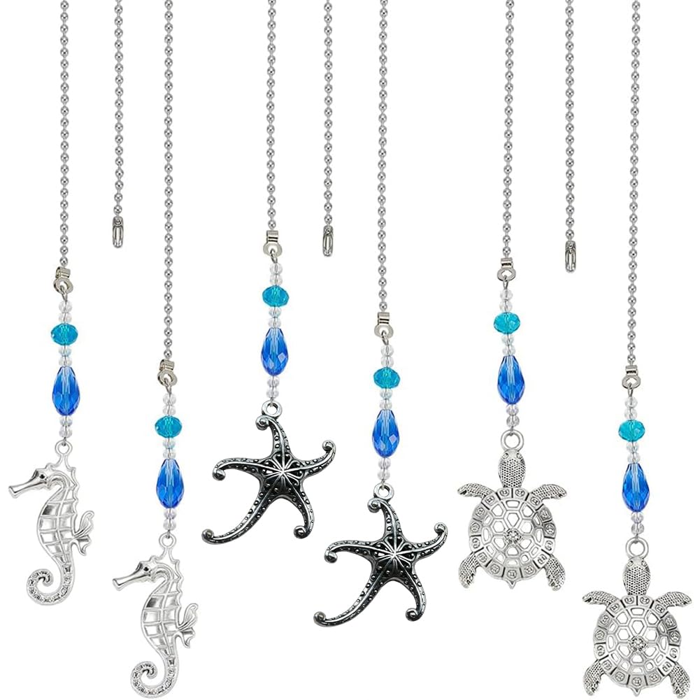 BENECREAT 6Pcs 3 Styles Ocean Theme Alloy Ceiling Fan Pull Chain, Mermaid, Turtle, Seahorse Pattern Fan Pull Extenders with Iron Ball Chain for Ceiling Light Lamp Decoration