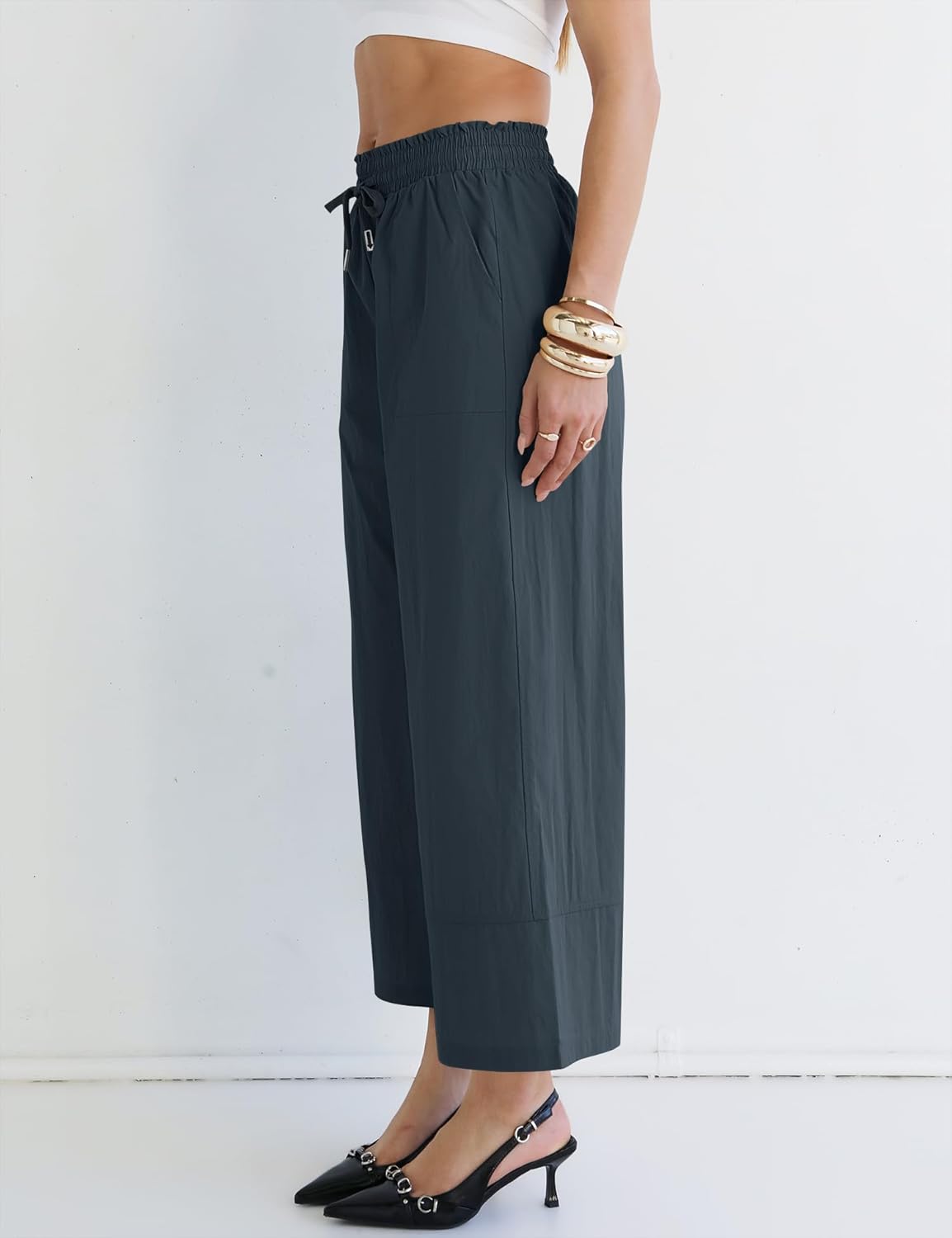 LOMON Wide Leg Pants for Women High Waisted Palazzo Pants Work Casual Flowy Trousers with Pockets Navy Blue S - Image 2