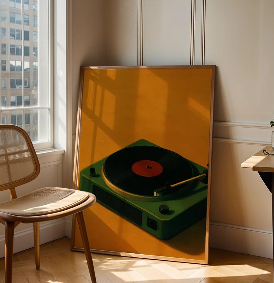 Póster de lienzo de tocadiscos verde con disco de vinilo amarillo mostaza 3