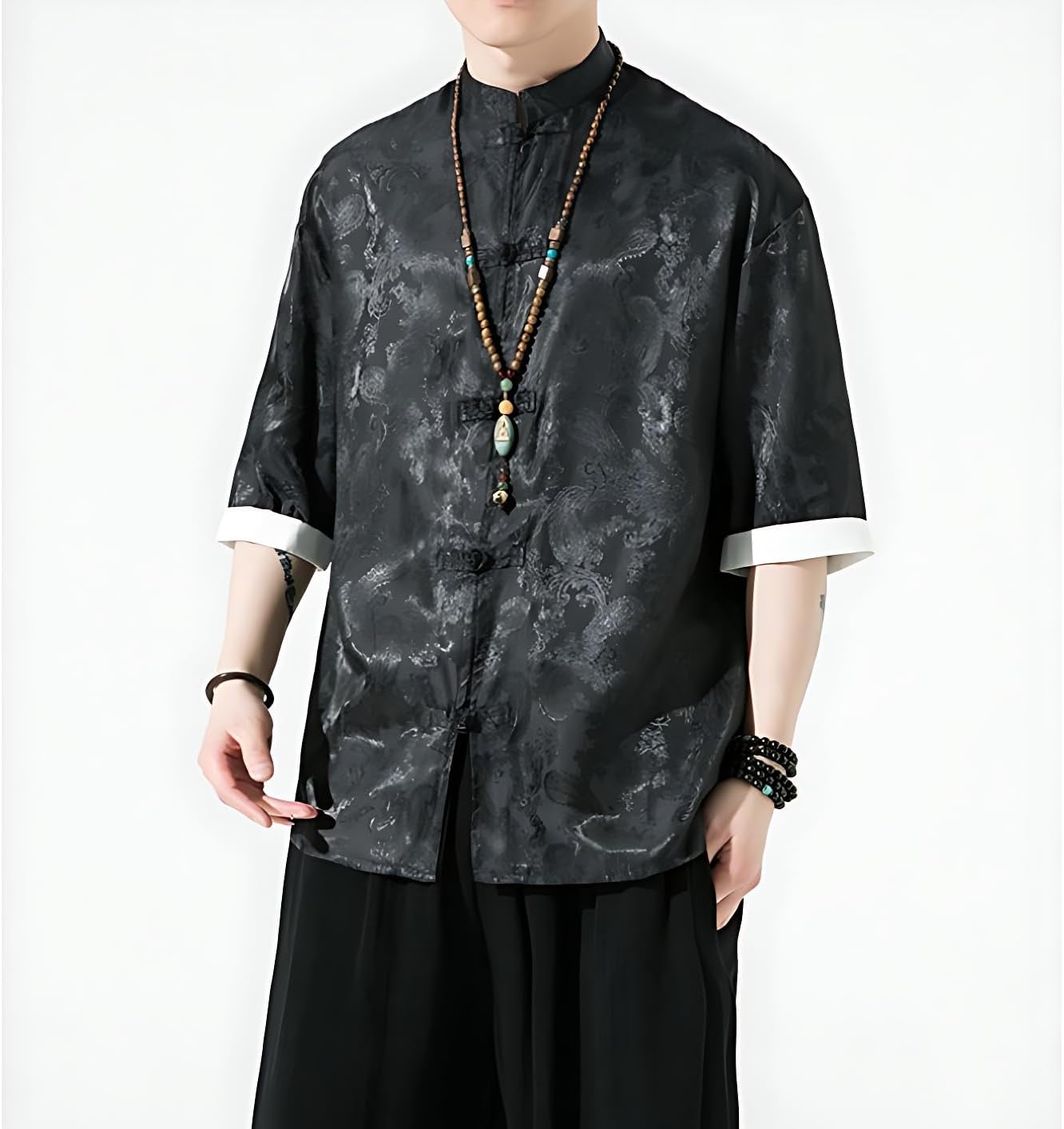 Men's Kung Fu Shirt,Traditional Chinese Hanfu Tang Suit Coat with Silk Printing,Half Sleeve Top for Casual Summer Outfits Black