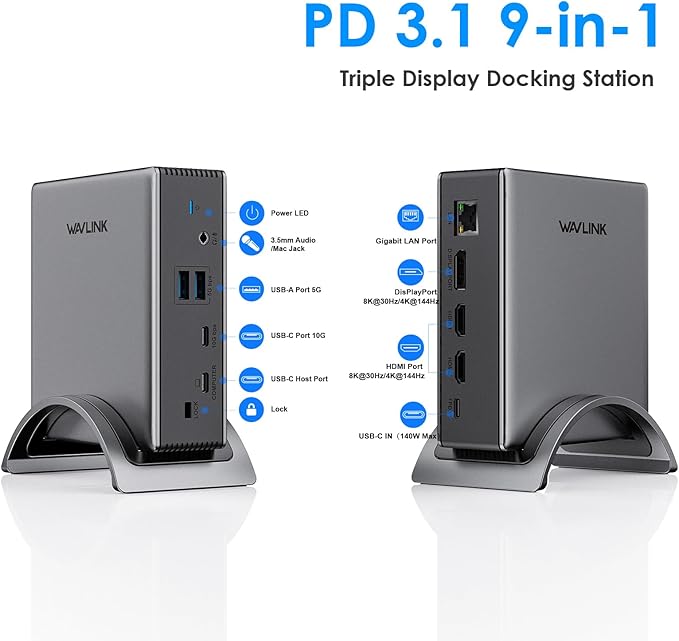 Laptop Docking Station,WAVLINK PD3.1 Docking Station 3 Monitors with 8K@30Hz/4K@144Hz,2*HDMI + DP,140W PD Charge,USB-C 10Gb,USB-A 5Gb,Gigabit Ethernet,Audio/Mic for HP, Dell,Windows System Computer