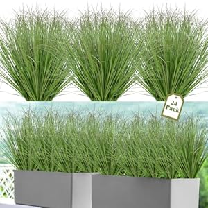 24 Bundles Artificial Plants Onion Grass Outdoor 20 Inch Tall Fake Shrubs Wheat Grass UV Resistant Greenery Stems Faux Bushes Plant for Indoor Outdoor Garden Office Home Decor, Green