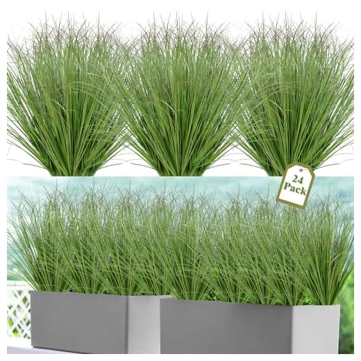 UXORSN 24 Bundles Artificial Plants Onion Grass Outdoor 20 Inch Tall Fake Shrubs Wheat Grass UV Resistant Greenery Stems Faux Bushes Plant for Indoor Outdoor Garden Office Home Decor, Green