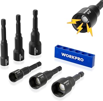 WORKPRO 6 PCS Magnetic Nut Driver Set, 1/4" Hex Shank, Drill Socket Set, Impact Driver Bit Set, 1/4 to 9/16, Chrome Vanadium Steel, SAE