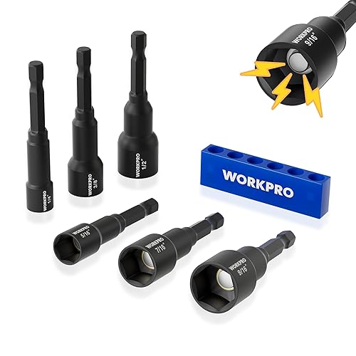 WORKPRO 6 PCS Magnetic Nut Driver Set, Metric & SAE, 1/4" Hex Shank, Drill Socket Set, Impact Driver Bit Set, 1/4” to 9/16”, Chrome Vanadium Steel - 6PCS Magnetic Nut Driver Set