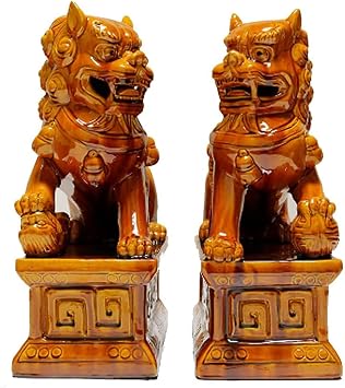 1 Pair China Ceramic Feng Shui Fu Foo Dog Guardian Lions Statues Asian Decor Ornaments for Office Desk House Warming Store Opening Gift,A1