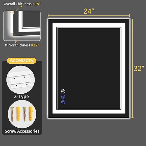 Miniatura 8 de Espejo de baño LED de 24 x 32 pulgadas con luces, antiniebla, retroiluminado + luz frontal, regulable, espejo de tocador LED para pared, espejo de