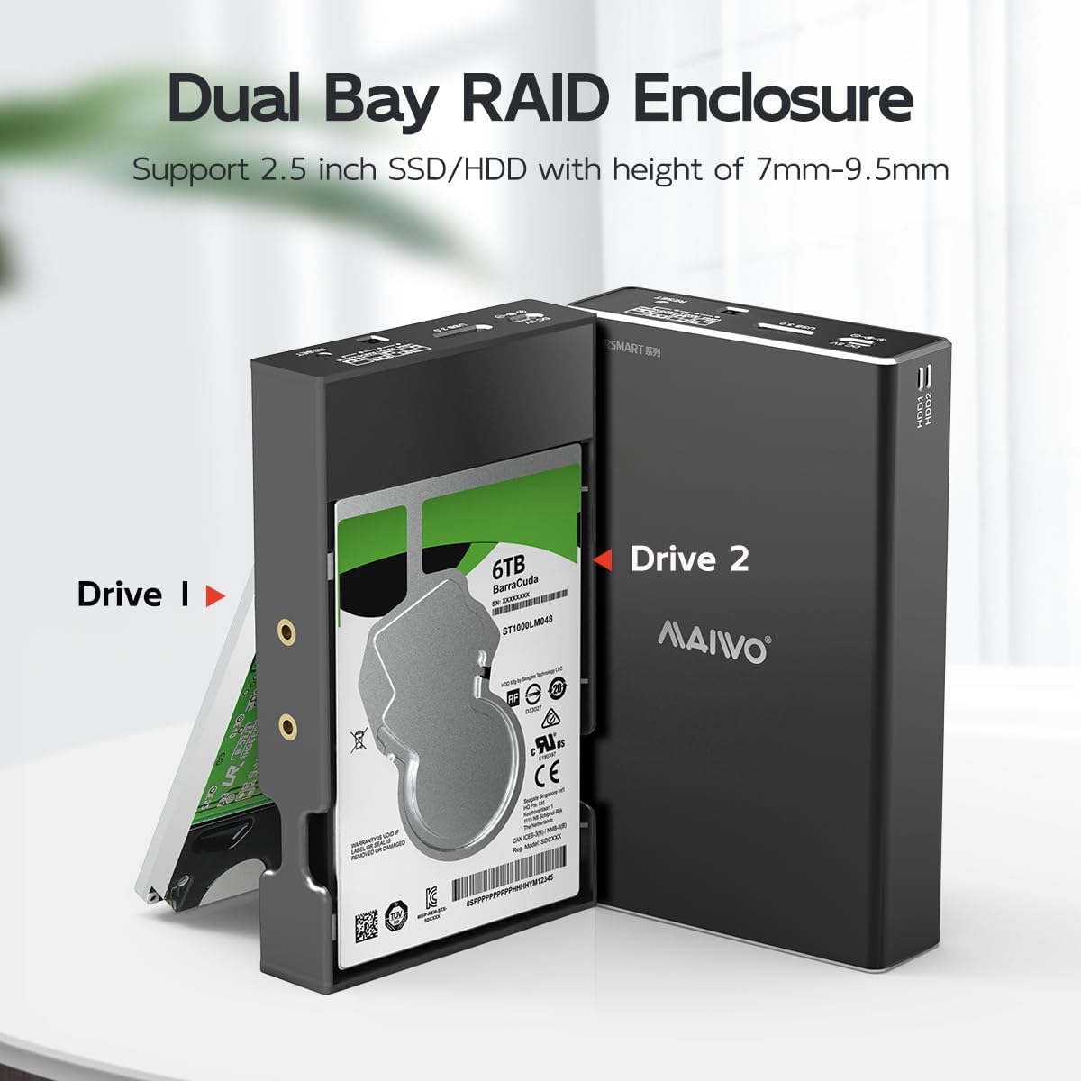 MAIWO Hard Drive RAID Enclosure Dual Bay for 2.5 Inch SATA SSD HDD, USB 3.0 6Gbps with UASP, RAID 0/1/JBOD/PM, 16TB Capacity, External Hard Drive Case Reader Aluminum