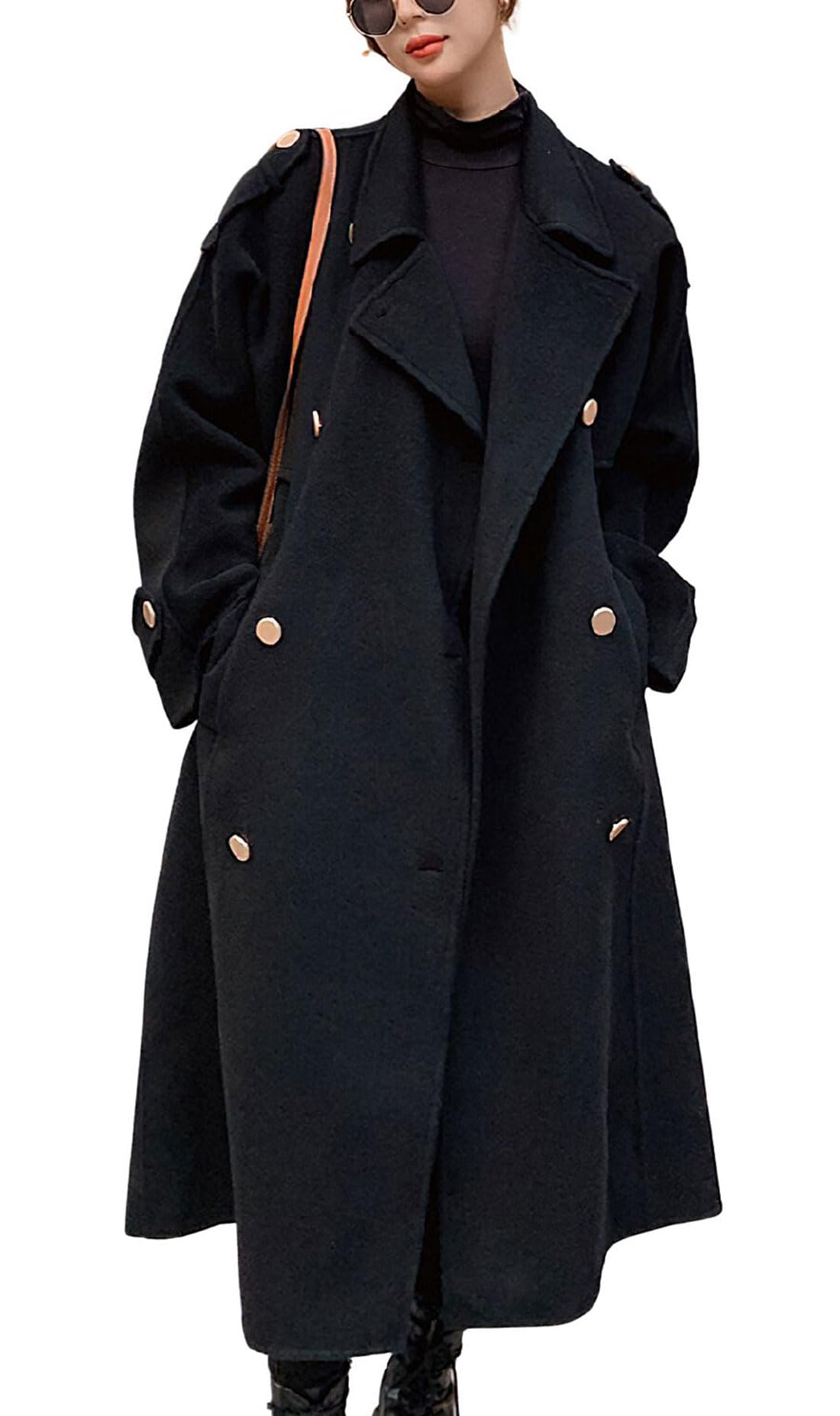 chouyatou Women's Winter Double Breasted Midi Long Wool Pea Coat Notch Lapel Winter Trench Coat
